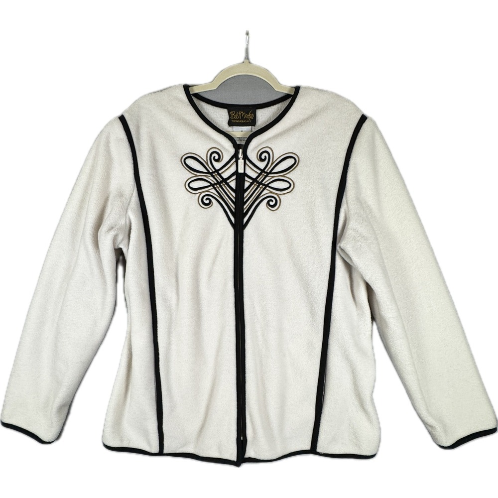 Vtg Bob Mackie Wearable Art Jacket Women XL Ivory Fleece Embroidered Zip Up